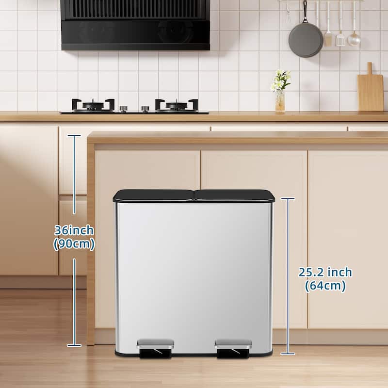 Kitchen Trash Can, 16 Gallon Garbage Can with Dual Inner Bins, Large Capacity 60/80 Liter Trash Can with Soft-Close Foot Pedal