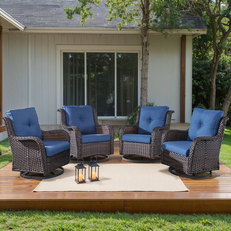 Pocassy 4Pieces Swivel Glider Chairs with 5Inch 6Inch Cushion - Brown Wicker Blue Cushion - 4PCS Swivel Chair with 4 Inch Cushion