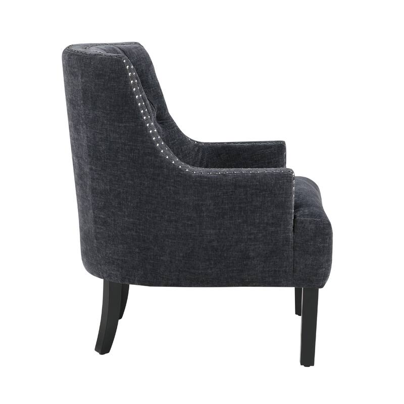 Daisie Accent Armchair, Button Tufted Black Chenille, Solid Wood