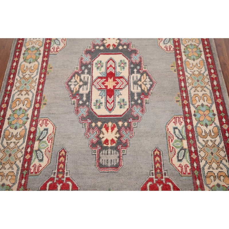 Gray Geometric Kazak Foyer Rug Handmade Wool Carpet - 3'4" x 4'10"