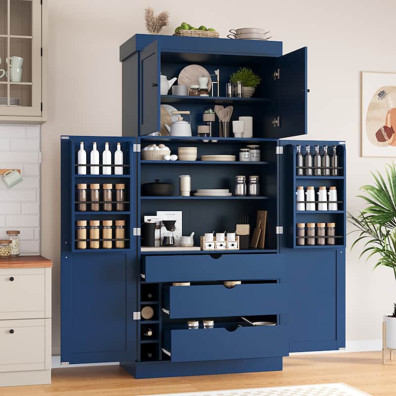 77" Tall Modern Shaker Kitchen Pantry with Wine Rack, Freestanding Storage Cabinet with Drawers & Door Shelves