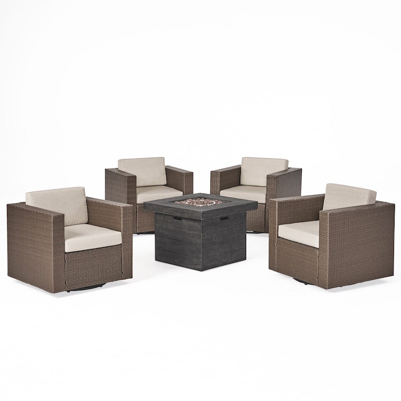 Puerta Outdoor 4-piece Wicker Swivel Chair Set with Square Firepit by Christopher Knight Home