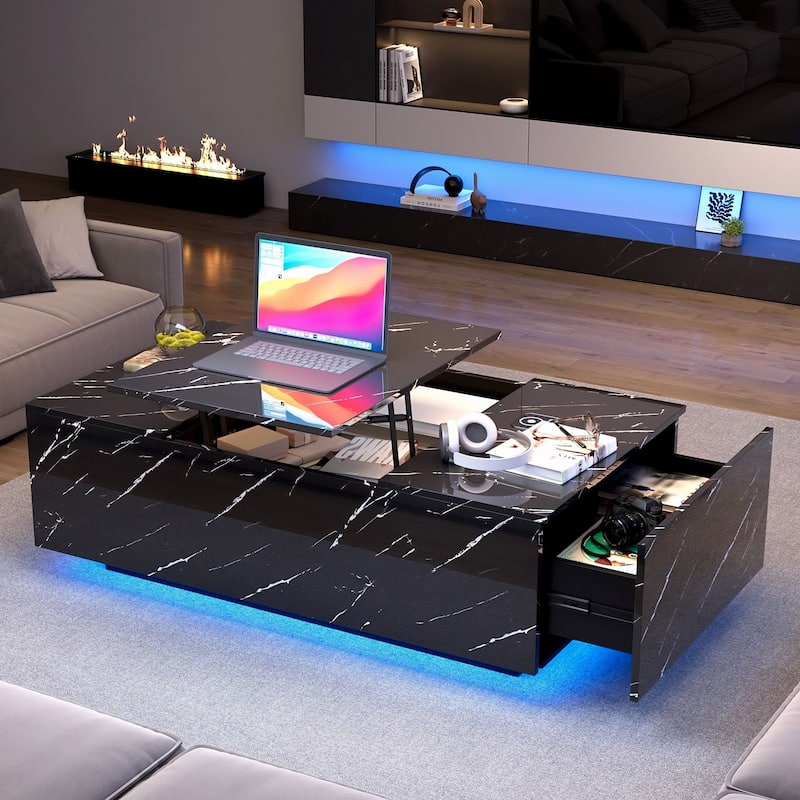 47.2" LED Lift Top Coffee Table with Wireless Charging & Bluetooth Speaker, Smart Storage Drawer, RGB Lights