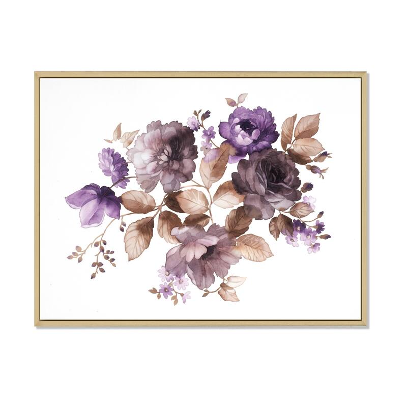 Designart "Purple Retro Flowers With Brown Leaves" Traditional Framed Canvas Wall Art Print