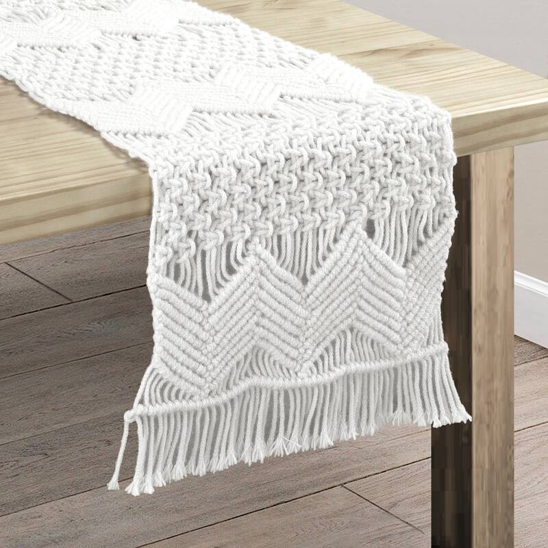 Lush Decor Boho Macrame Handcrafted Indoor/Outdoor Washable Water Repellent Runner Single - 13" x 72"+3" Fringe - White