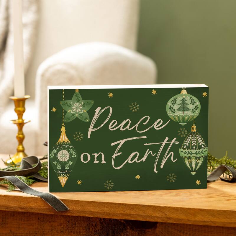 Shades of Green Sign Wood Block - "Peach On Earth" - 12"x8" - Multicolor