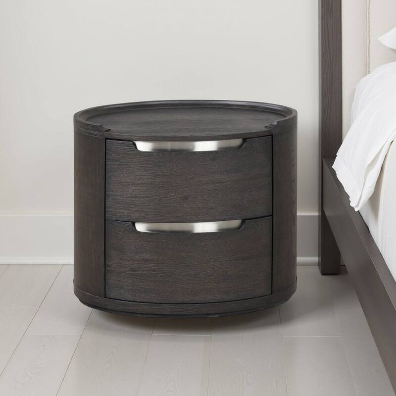 Osko Nightstand, 2 Storage Drawers, Black Poplar Wood, Nickel Trim