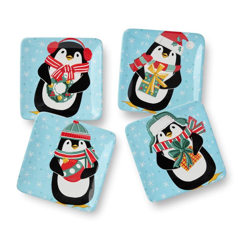 Certifed International Christmas Whimsy Penguin Set of 4 Canape/Appetizer/Luncheon Plates 6" Assorted Designs