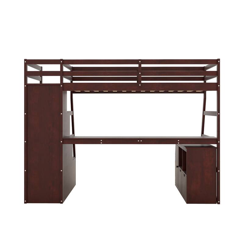 Multifunctional Twin Size Loft Bed with Built-in Desk, Storage Cabinet, 7 Drawers, 2 Shelves, Stairs and Guard Rail