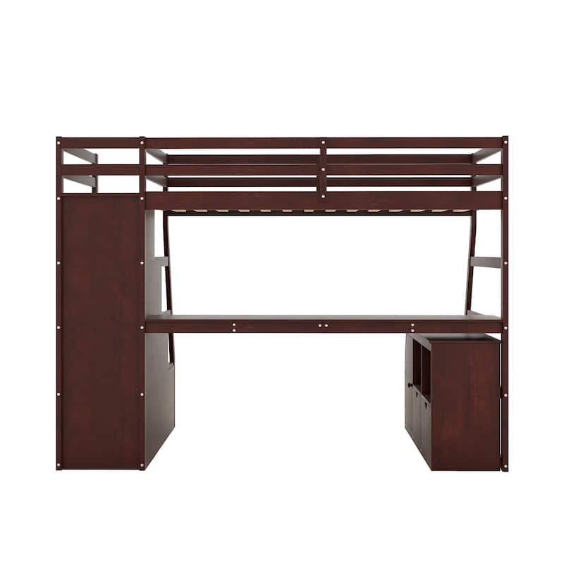 Twin Size Wood Loft Bed with Drawers, Shelves & Desk