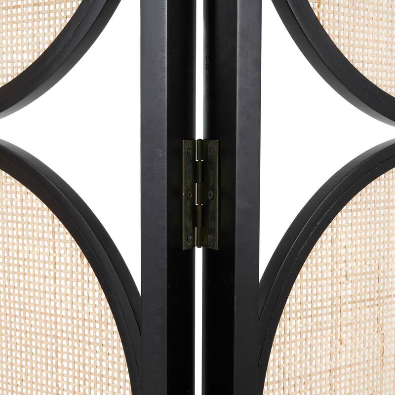 Black Wooden Handmade Arched Foldable 3 Panel Geometric Partition Room Divider Screen with Woven Circular Cutouts