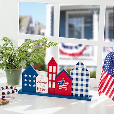 Glitzhome Wooden Patriotic/Americana Houses Stars Table Decor