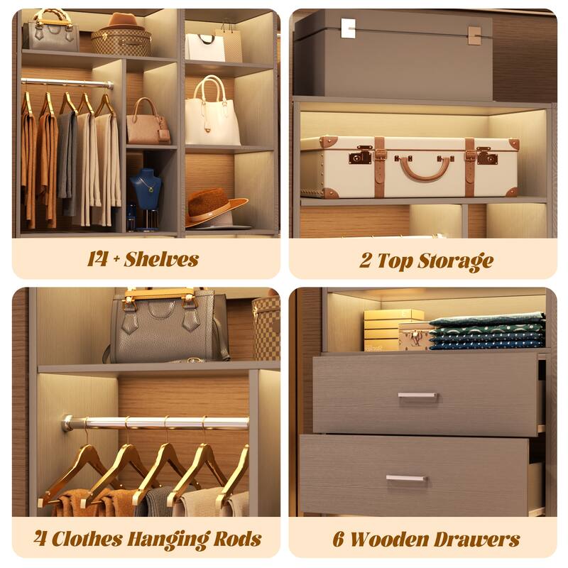 Corner Closet System with 6 Drawers & 4 Hanging Rods,Set of 3,Reversible Walk-in Closet Organizer System with Adjustable Shelves