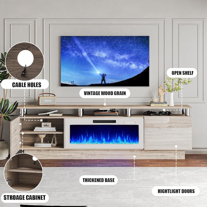 BOSSIN 80" TV Stand Entertainment Center with 36" Electric Fireplace, for TVs up to 90", High Gloss Cabinet with LED Light