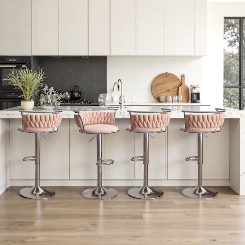4 Set Modern Velvet Adjustable Swivel Bar Stools with Metal Frame - Silver/Pink