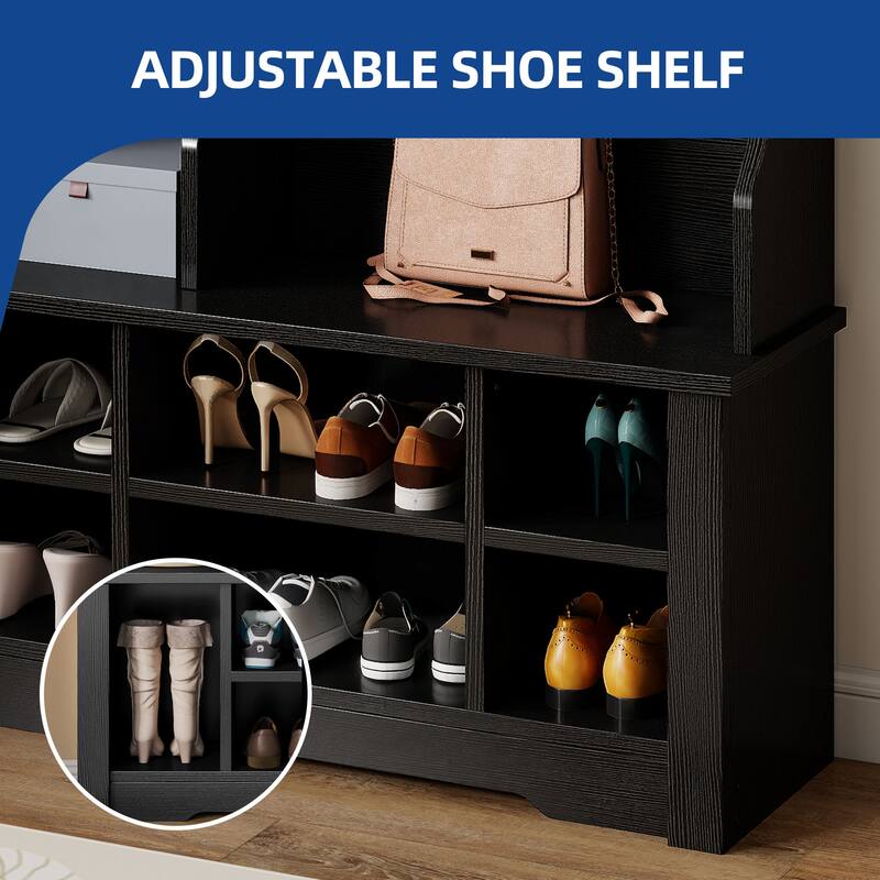 Moasis 59"/39"W Farmhouse Hall Tree Adjustable Shelf Coat Rack with Shoe Storage Bench for Entryway