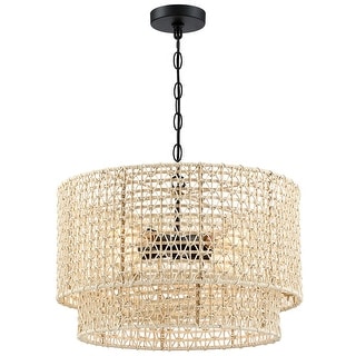 20 in. 4-Light Rattan Tiered Drum Chandelier Light with Black Canopy - 4-Light 20" W
