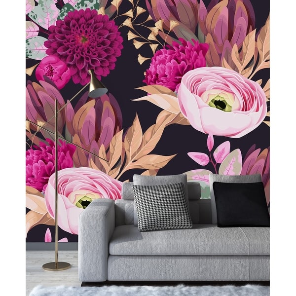 Black Wallpaper with Brightly Flowers Peel and Stick and Prepasted - On ...