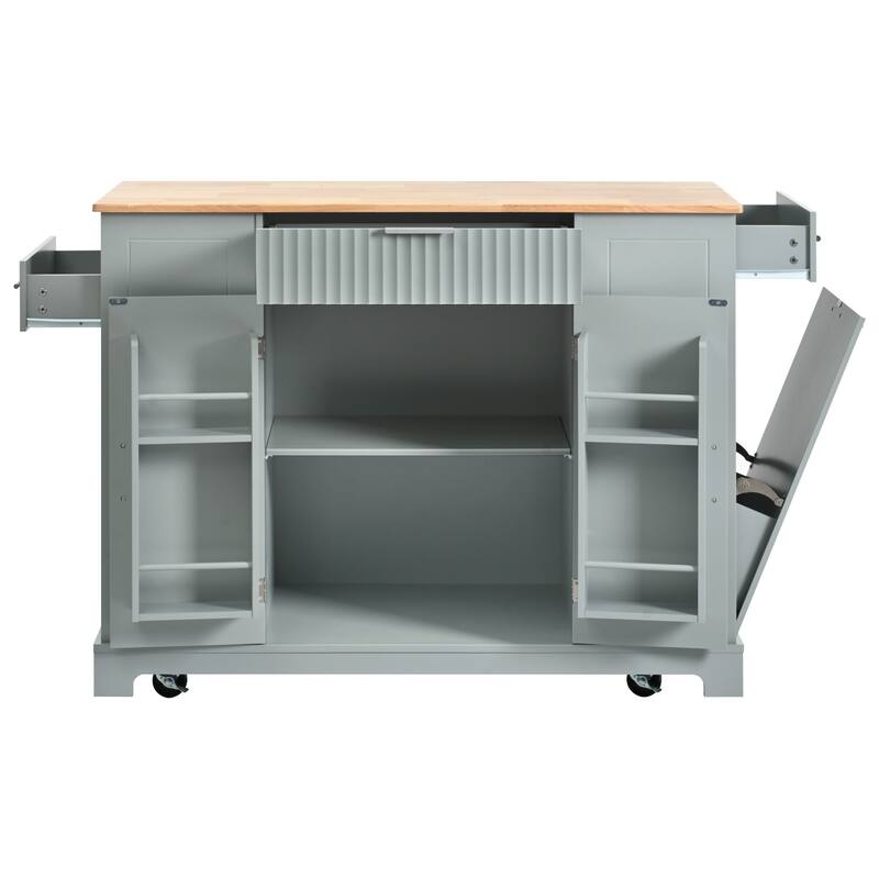 Rolling Kitchen Islands on 5 Wheels with 3 Drawer, 3 Open Side Racks for 10 Gallon Garbage Bin
