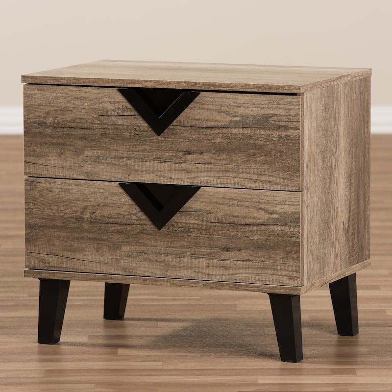 Modern Nightstand 2 Drawer Bedside Table, Oak Veneer & Black Accents, Bedroom Storage Organizer
