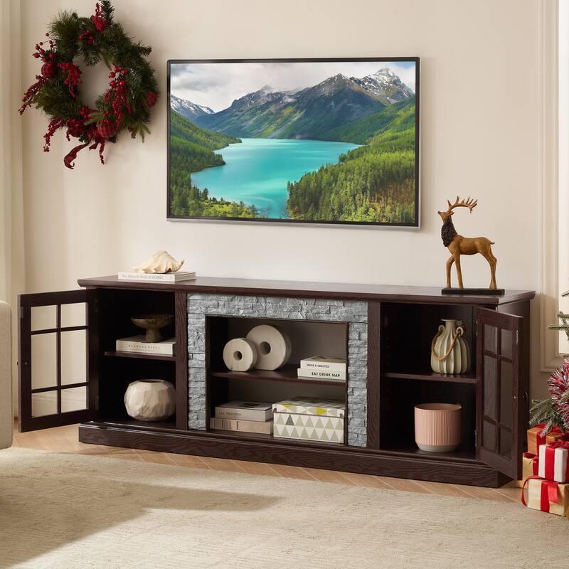Faux Stone TV Stand TV Console for TVs up to 75", Large Entertainment Center Media Storage Cabinet with Adjustable Shelves - Cherry