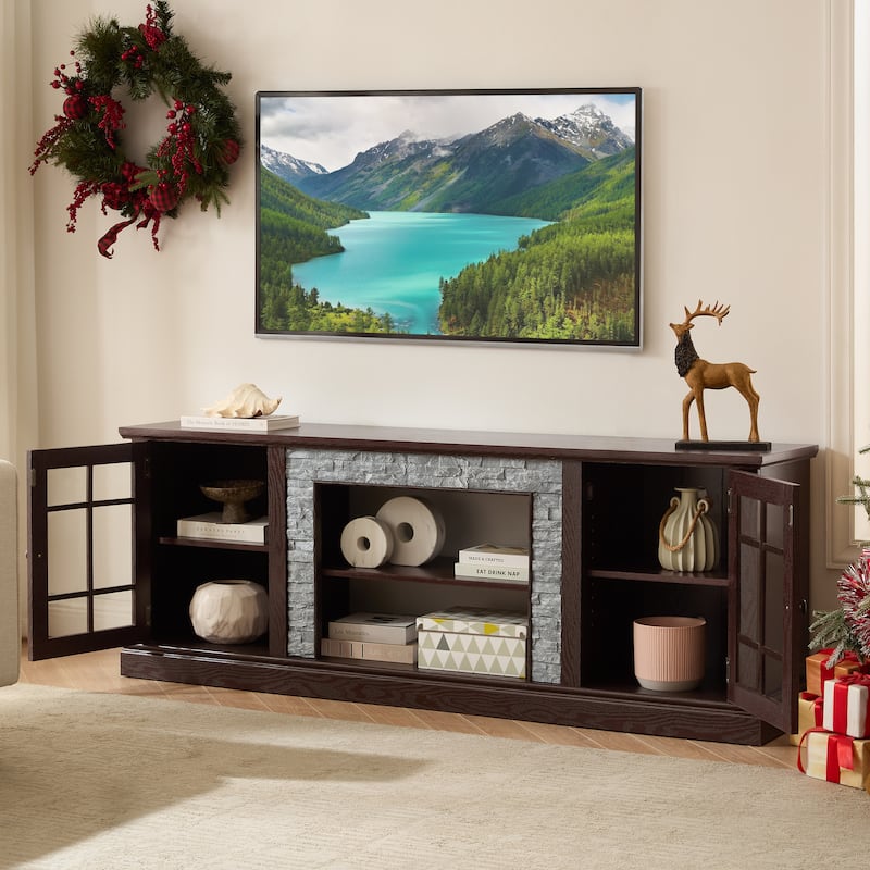 GDFStudio Alice Wood 70" TV Stand with Faux Stone Surround and 2 Door Storage