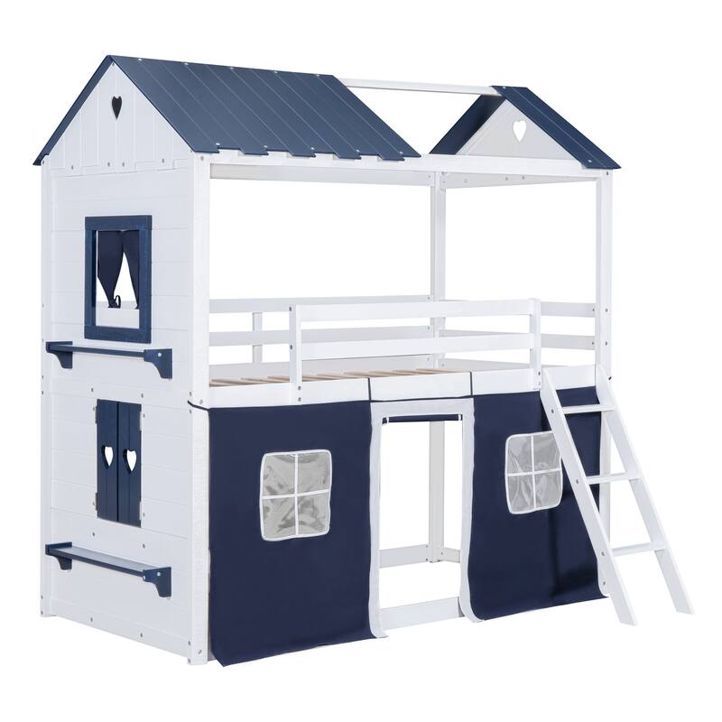 Twin Size Wood Castle House Bunk Bed with Windows, Sills, Tent, and Slide, Playhouse Design