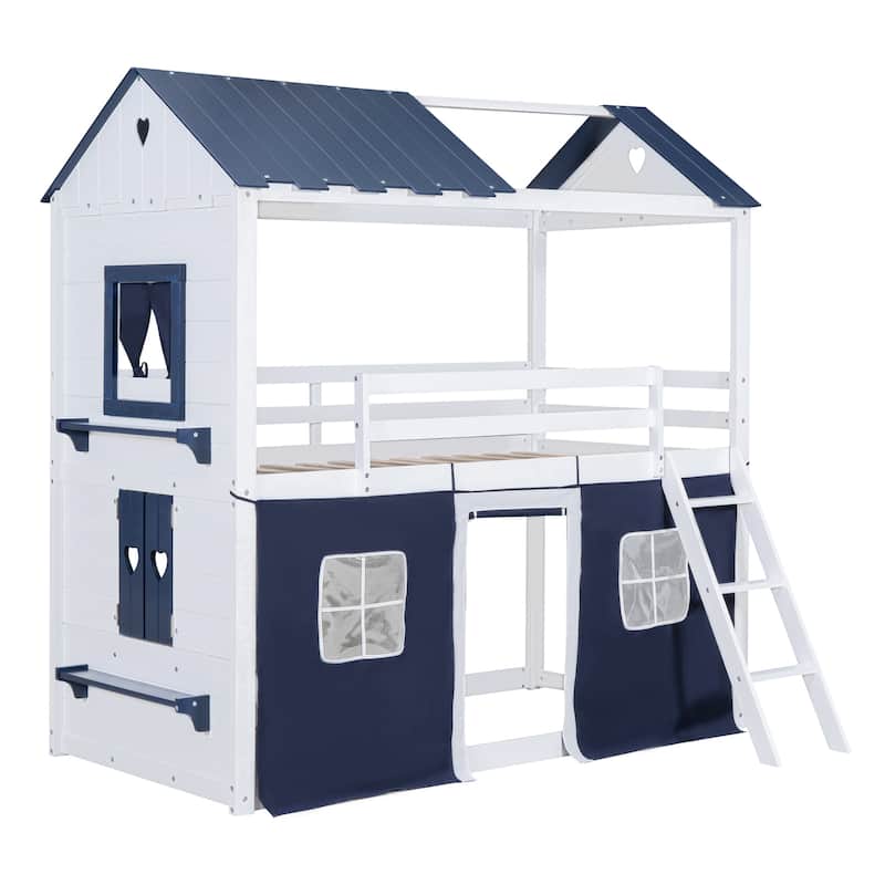Twin Size Wooden Bunk Bed with Elegant Windows and Tent in Blue+White
