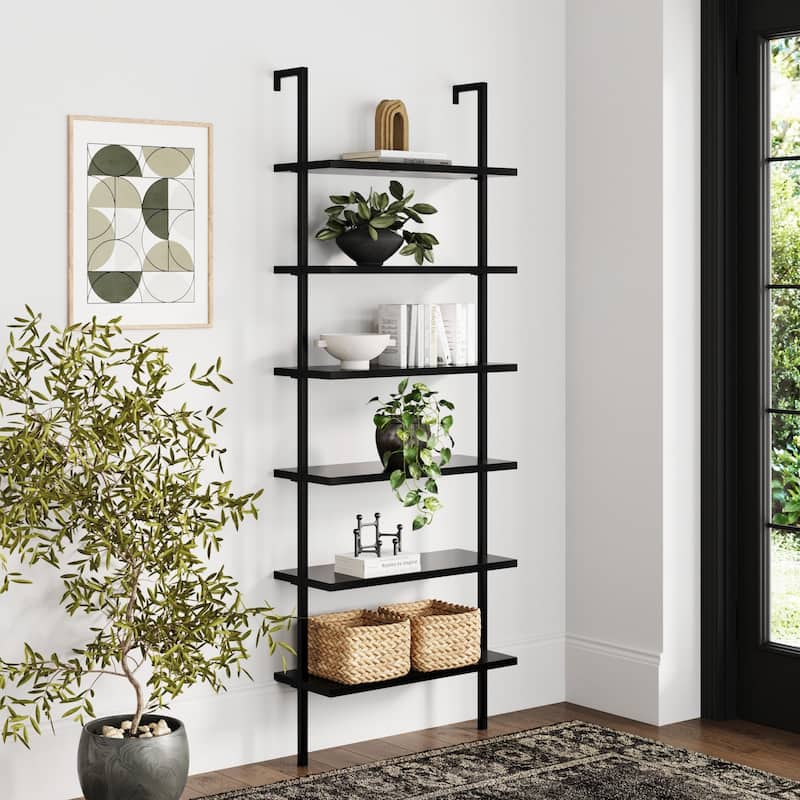 Nathan James Theo 6-Shelf Tall Bookcase, Wall Mount Bookshelf Wood with Metal Frame
