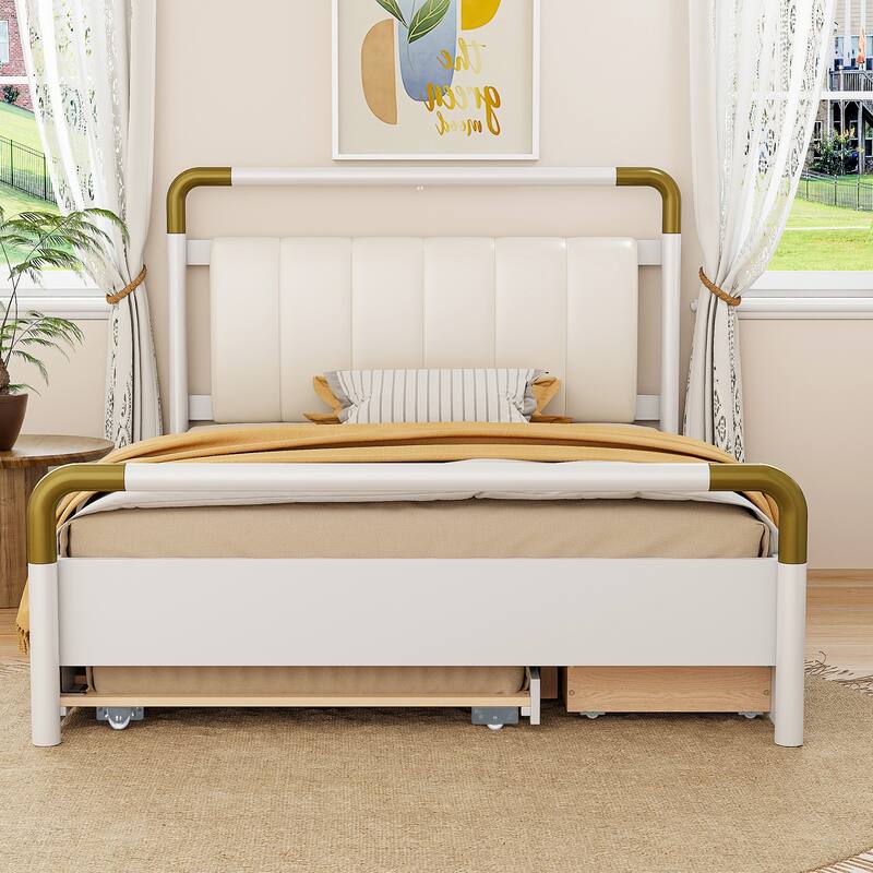 Queen Size Platform Bed with PU Backrest, Trundle Bed & 2 Storage Drawers