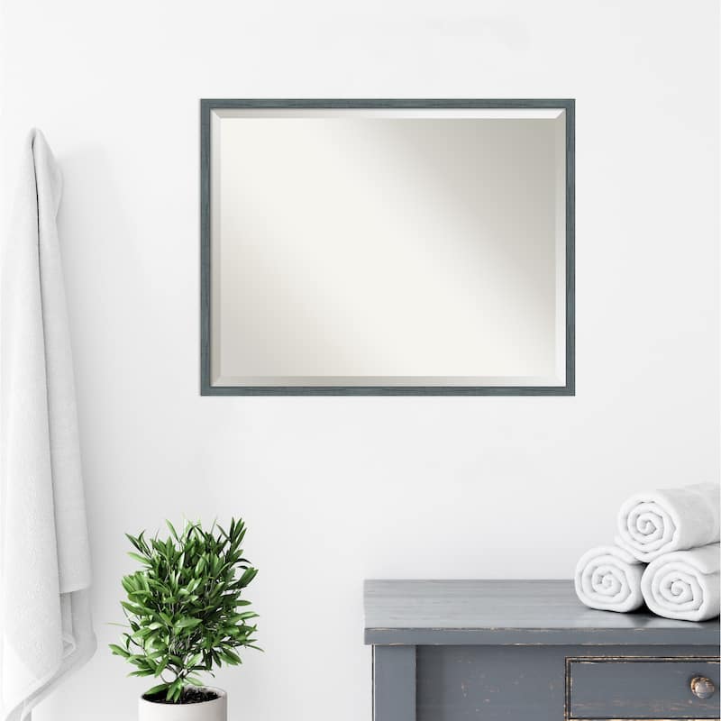 Beveled Wood Bathroom Wall Mirror - Dixie Blue Grey Rustic Narrow Frame