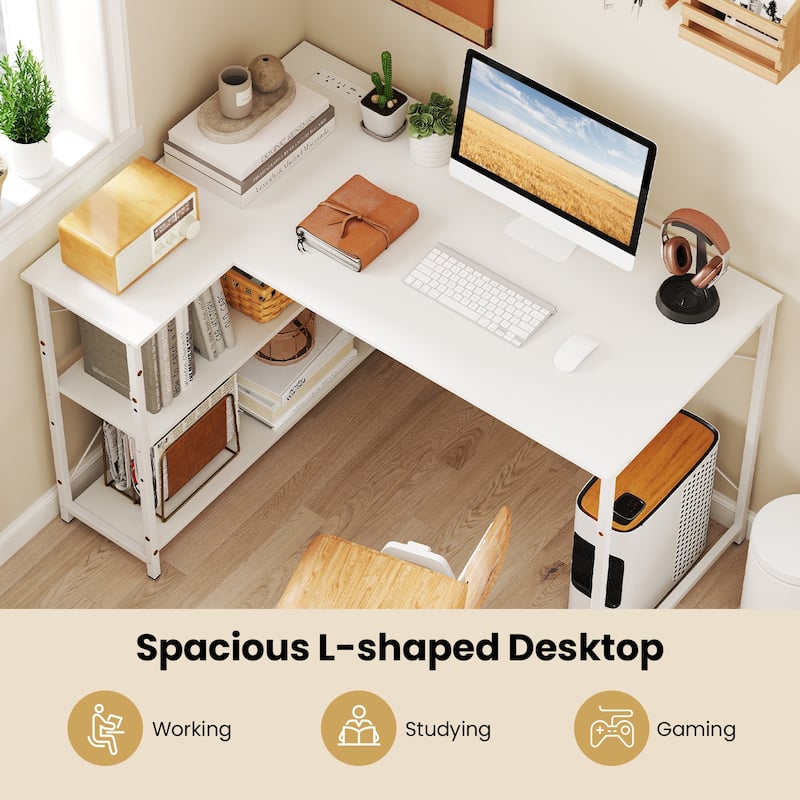 L-Shaped Engineered Wood Corner Desk with Charging Ports and Shelves