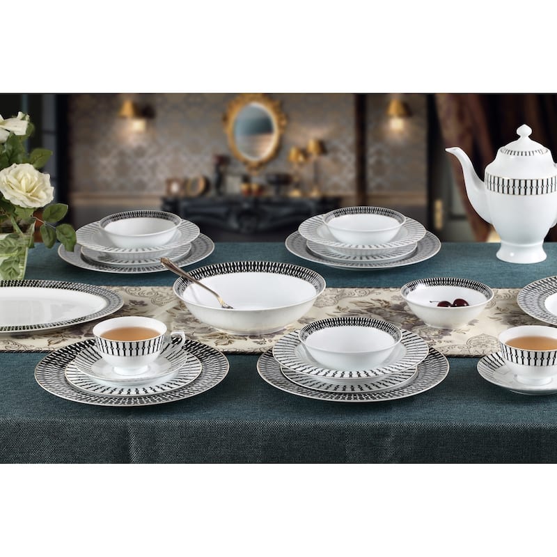 57 Piece Black and White Dinnerware Set-New Bone China Service for 8 People