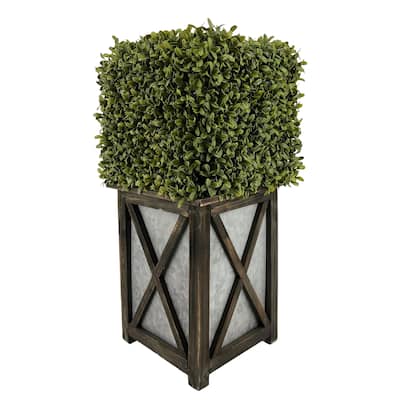 Faux Boxwood Square Topiary in Crisscross Stout Wood/ Metal