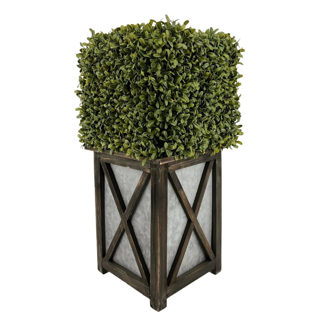 Faux Boxwood Square Topiary in Crisscross Stout Wood/ Metal