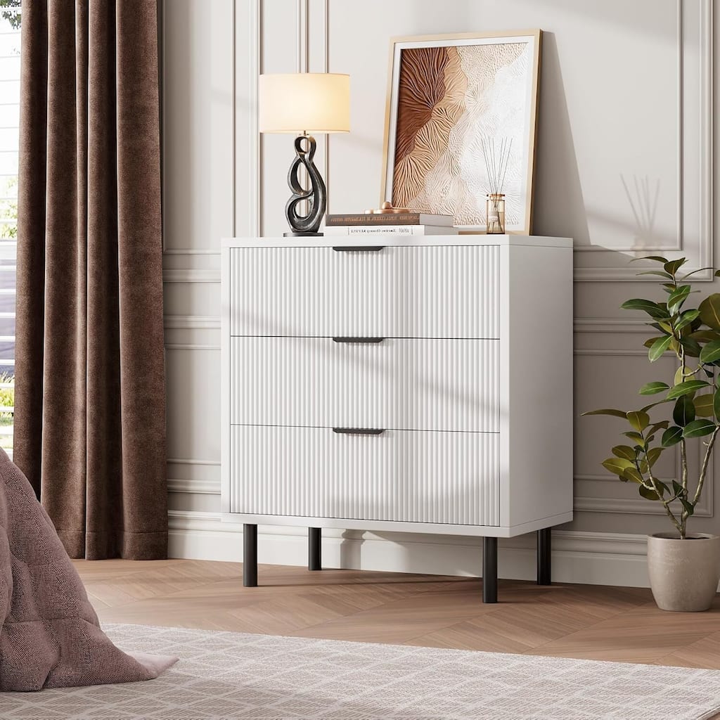 Wave Fluted 3 Drawer Dresser, Nightstand with Storage for Bedroom, Hallway, Entryway