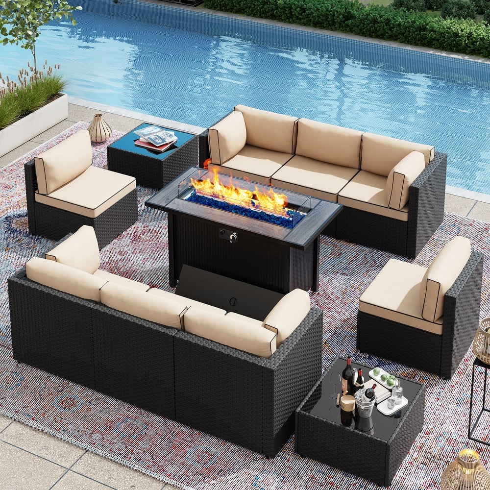 11 Piece Sectional Seating Group with Fire Pit and Cushion
