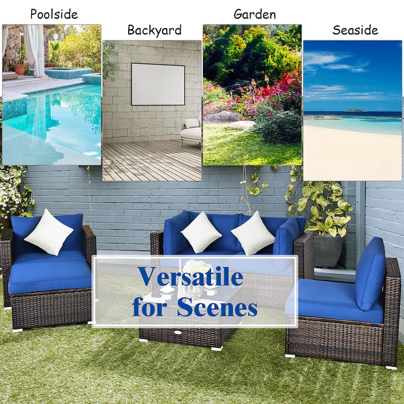 Costway 6PCS Patio Rattan Furniture Set Sofa Coffee Table Ottoman Navy - See Description