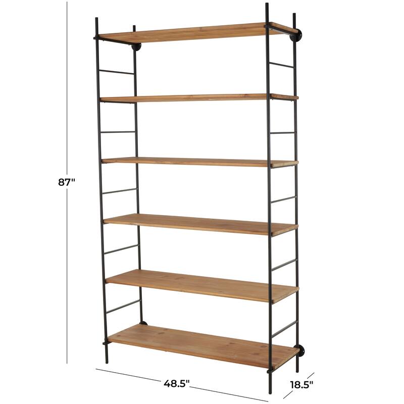 Wood Rectangular 6 Level Shelving Unit with Black Metal Ladder Frames - Brown - Roche River Decor