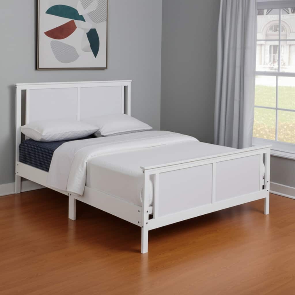 HomeRoots White and Gray Reversible Inlaid Panels Solid Wood Full Bed Frame