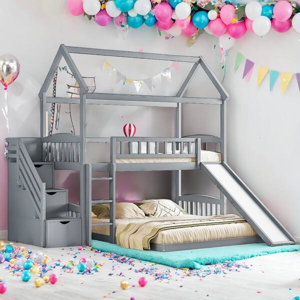 slide 2 of 20, Twin Over Twin Bunk Bed with Slide and Storage,Kids Bed Design