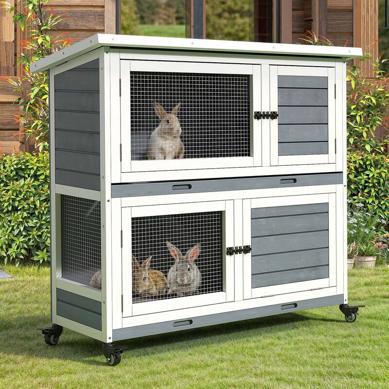 Moasis 41-inch 2-Tier Wooden Rabbit Hutch Bunny Cage with Removable Tray and Wheels - White