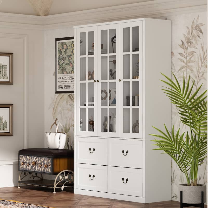 78.7"H Combo Glass Doors Display Cabinet Wooden Bookshelf Organizer - 47.2"W - White