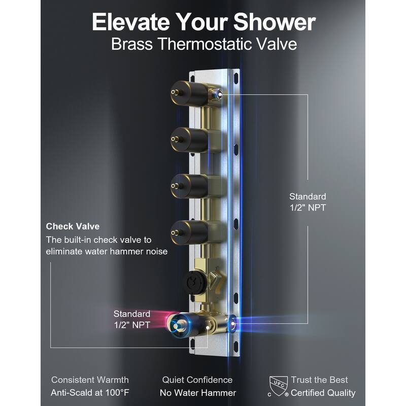 GRANDJOY Luxury LED 16" Ceiling Mount Shower Head Temperature Display Shower System with 6 Body Jets