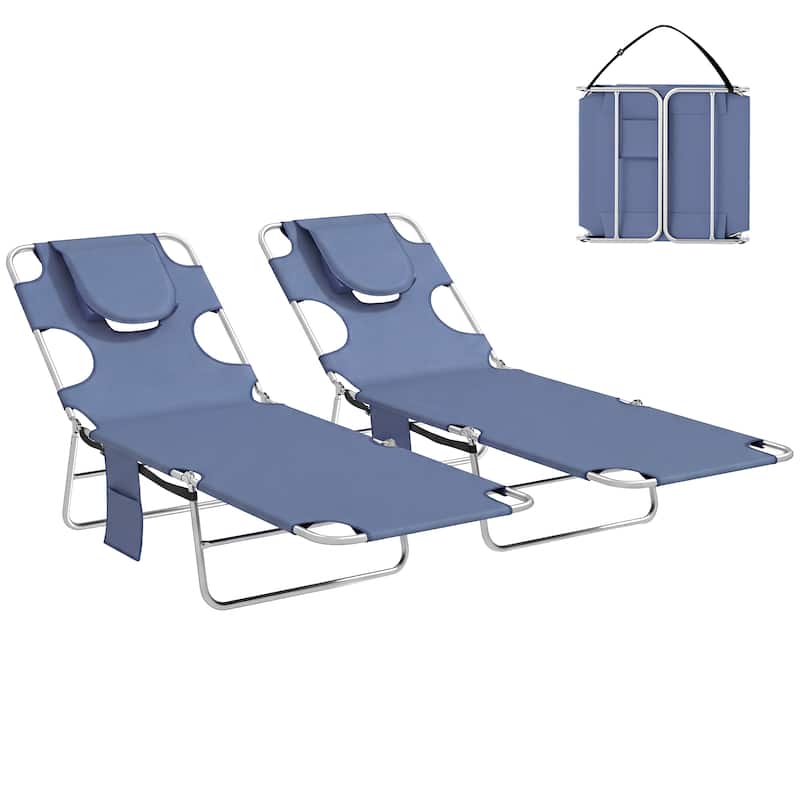 Outsunny Chaise Lounge Chair Outdoor Set of 2 with Face Arm Hole, 5-Position Reclining Face Down Tanning Chair with Carry Strap