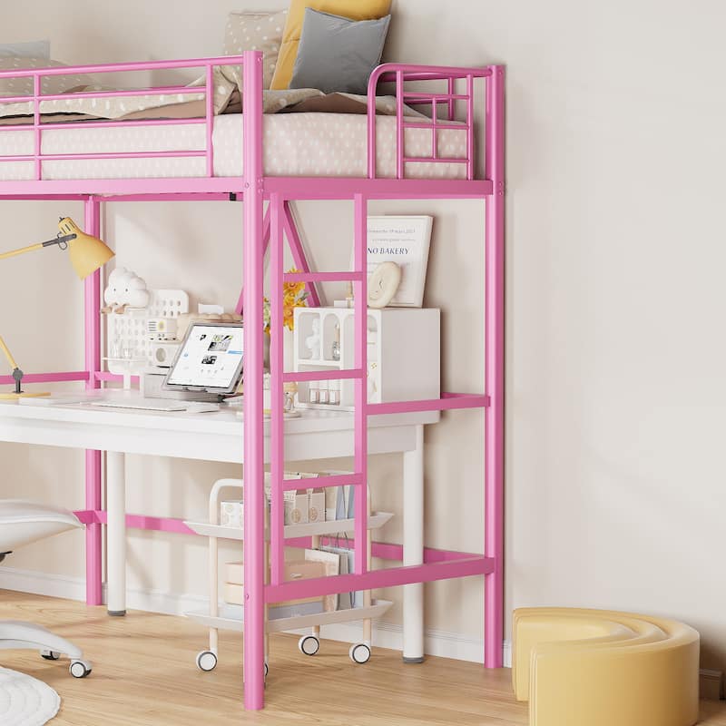 Twin Kids Loft Metal Bed with Reversible Stairs 400lb Capacity Space Saving Under Bed Study Play Area