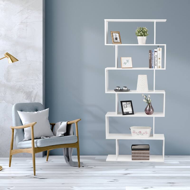 S-Shaped 6 Tier Room Dividing Bookcase Wooden Storage Display