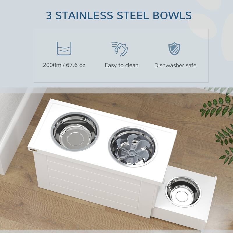 PawHut Elevated Dog Bowls with Slow Feeder Mat & Semi-Auto Dispenser Function, Pet Feeding Station with Storage Cabinet, White