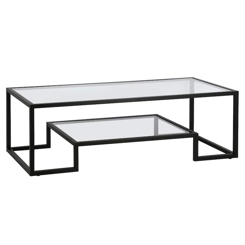 Modern 54-Inch Rectangular Glass Coffee Table Storage Shelf and Sleek Steel Sled Base for Living Room - 54"L x 24"W x 17"H - Black-Clear