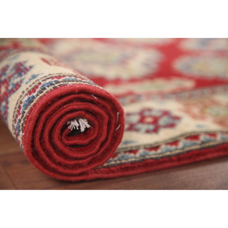 Hand Knotted Oriental 100% Wool Carpet Traditional Geometric Red Kazak Runner Rug - 6' 8'' X 2' 9''